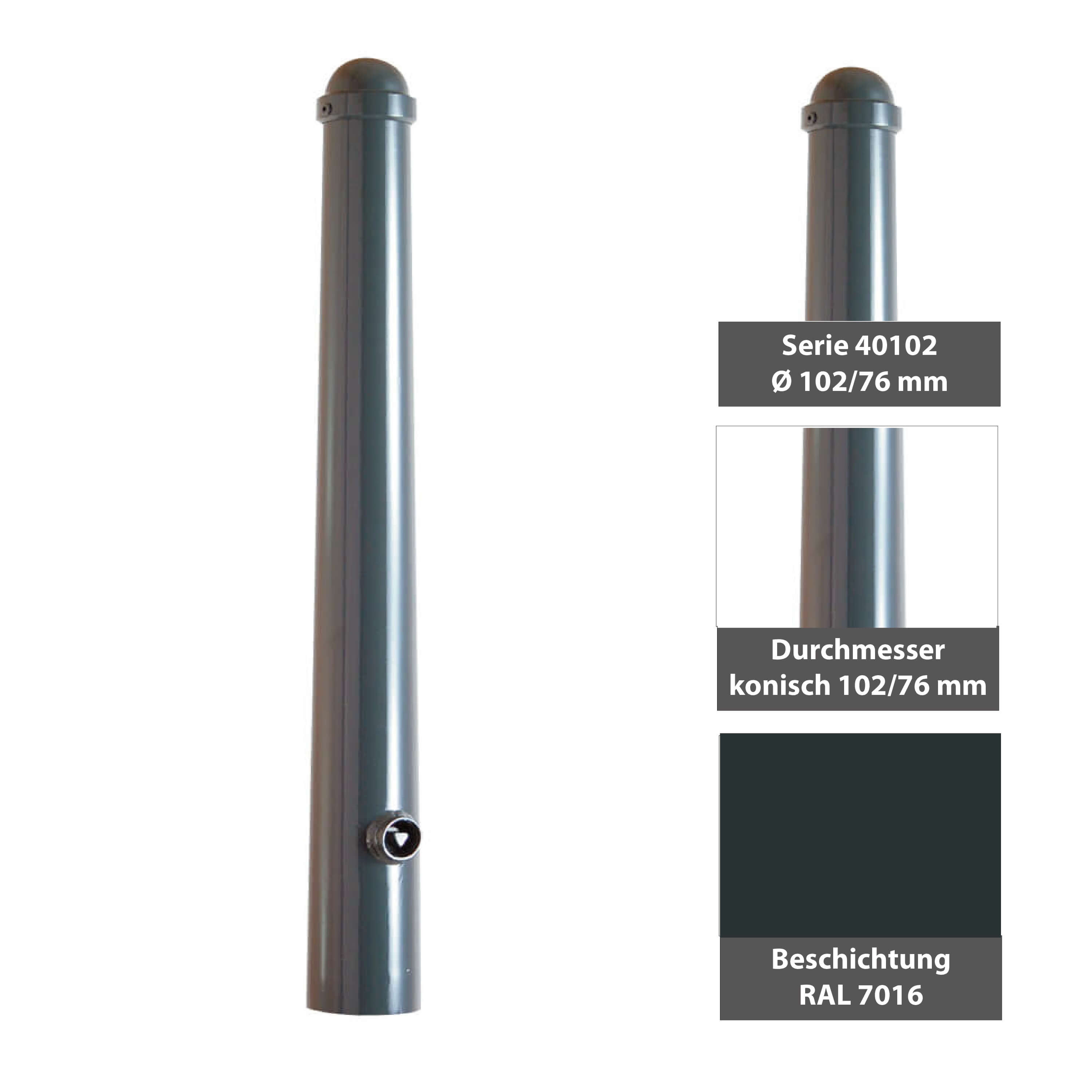 Absperr-Stilpfosten konisch Ø 102 / 76 mm mit Zierkappe Serie 40102 ortsfest zum einbetonieren Anthrazit RAL 7016