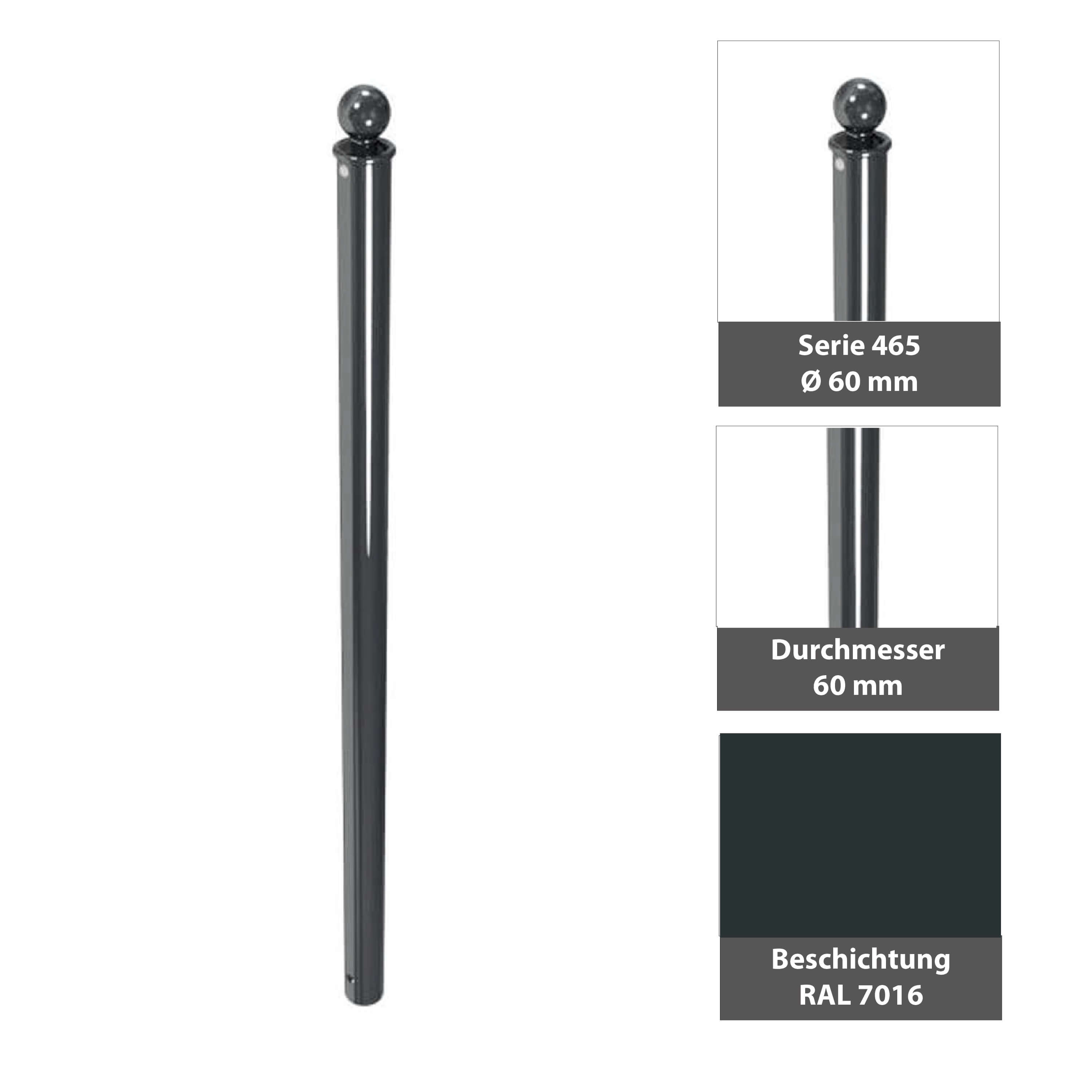 Absperr-Stilpfosten Ø 60 mm Serie 465 ortsfest zum einbetonieren Anthrazit RAL 7016