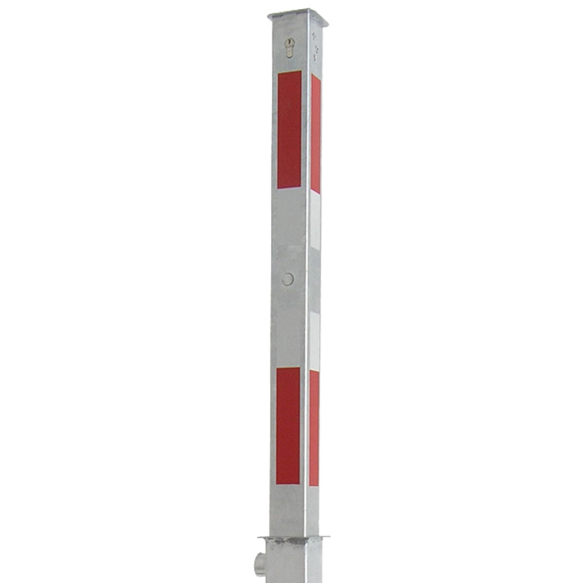 Absperrpfosten 70 x 70 mm Stahlrohr feuerverzinkt mit weiß rot Leuchtstreifen vollversenkbar mit Profilzylinderschloss